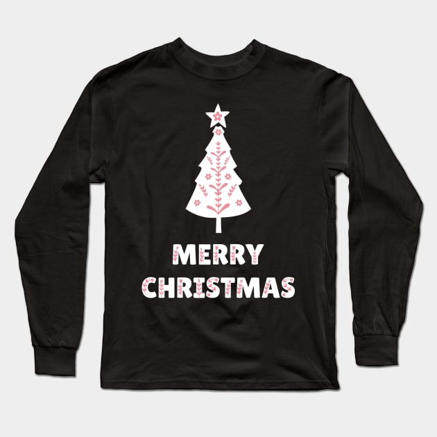 Scandinavian Christmas Tree Pink & White Long Sleeve T-Shirt by Springer Farm